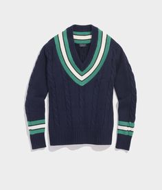 Perfectly preppy with varsity striped details and all-over cable knit, this sweater adds major style cred to your fall wardrobe. Kids Styles, Fall Wardrobe, V Neck Sweater, Vineyard Vines, Vneck Sweater, Cable Knit, Quarter Zip, Sweater Outfits, Vines