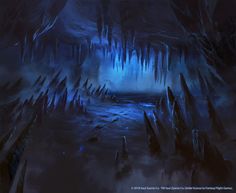 an icy cave filled with ice formations and blue lights in the dark night, surrounded by fog