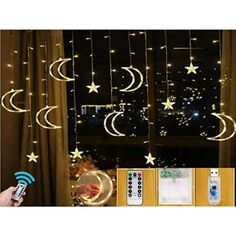 the moon and stars are hanging from the ceiling in front of a window with remote controls