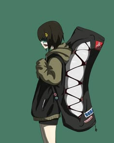 an anime character with his mouth open, holding onto the back of a large backpack