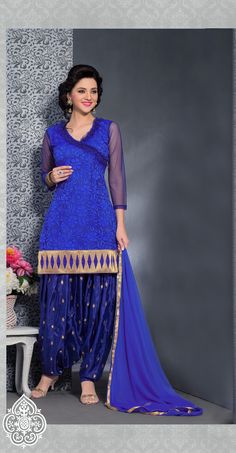 deep blue with golden work brasso style #designer #punjabisuit comes with blue golden border dupatta. Palazzo Design, Blue Colour Dress, Punjabi Salwar, Golden Border, Velvet Dress Designs, Patiala Suit, Shiva Photos