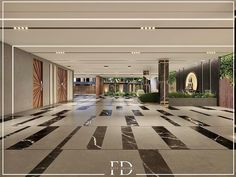 an empty lobby with black and white tile flooring, potted plants on either side