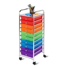 a multicolored rolling cart with drawers and pens on it's top shelf