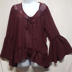 Nwot Hint Of Mint Large Long Sleeve Maroon Pheasant Blouse. Embroidery On Top Of Front And Back. Lace Up Tie In Front. Self: 100% Polyester, Contrast 92% Nylon, 8% Spandex. Arm Pit To Arm Pit Measures 20", Length From Neckline Down Center Of Back Measures 26" Fall Peasant V-neck Top, Bohemian Tops With Lace Trim For Fall, Bohemian Lace Trim Top For Fall, Fitted Peasant Blouse For Fall, Fall Peasant Top With Lace Trim, Casual Bell Sleeve Peasant Top For Fall, Fall Flowy Blouse With Lace Trim, Flowy Bell Sleeve Blouse For Fall, Flowy Bell Sleeve Tops For Fall