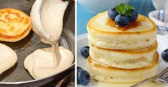 pancakes and blueberries are being cooked in a skillet with butter on the side