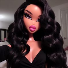 a close up of a doll with long hair and pink lipstick on it's lips