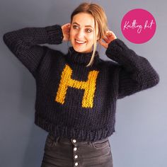 Our favourite kind of personalised knitwear - everything you need to make this joyful roll necked jumper is included in this knitting kit! Inspired by the famous Weasley Jumpers but named after my adorable dog Harry, these gorgeous initial jumpers are perfect for the festive season or all winter round! Adding an initial to our 'Roll with It' Jumper creates 'Harry's Favourite Jumper' - a beautifully cosy roll necked jumper! Why not create the best Christmas presents by knitting them for the whole family?  The kit includes everything you need to knit this jumper - from sizes 6-22 and a choice of lengths. The pattern included comes with colourwork grids for the whole alphabet and instructions so you can place your initial wherever you want on the pattern. We've also included an '&' to add ext Harry Potter Jumper, Knit Purl Stitches, Jumper Pattern, Super Chunky Yarn, Jumper Knitting Pattern, Knitting Sweater, Knitting Kit, Purl Stitch, Roll Neck Jumpers