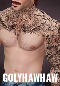 an image of a man with tattoos on his chest