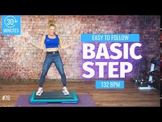 a woman standing on top of a blue mat in front of a brick wall with the words easy to follow basic step