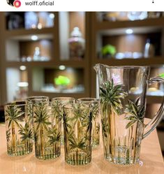 four glasses and pitcher on a table in a room filled with glass shelves full of plants