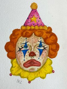 a drawing of a clown with red hair and blue eyes