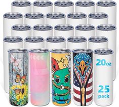 a bunch of different colored tumblers sitting next to each other on a white background