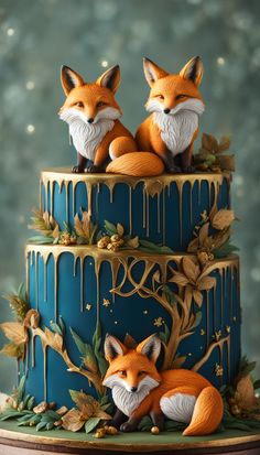 a three tiered blue cake with two foxes on it's sides and dripping icing