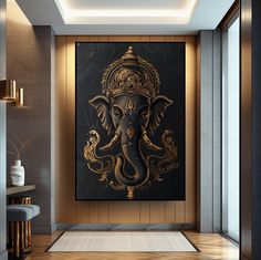 an elephant painting is hanging on the wall in a hallway with wooden floors and walls