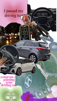 a collage of various car items including keys, steering wheel controls and other things