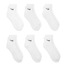 The Nike Everyday Cushioned Quarter Socks feature a ribbed arch band for a snug fit for everyday adventures. The thick terry sole provides comfort and impact absorption for your workouts, and the sweat-wicking fabric keeps your feet dry and comfortable. The straightforward Nike Swoosh on the upper adds a sporty look. Quarter design covers ankle. Dri-FIT technology keeps your feet dry. Reinforced heel and toe for durability. Arch compression offers a snug, breathable fit. Fabric: 71% cotton, 26% White Nike Crew Socks, Nike Quarter Socks, Womens Nike Socks, Ankle Nike Socks, Short Nike Socks, Nike Socks Ankle, Things To Add To Your Wishlist, Nike White Socks, Nike Socks Aesthetic