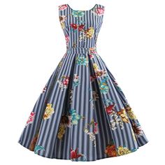 Round-Collar strip Dress - Slate Gray - 4W82299712 - Women's Clothing, Dresses  #Dresses #Women's #Clothing # #Dresses Box Pleated Dress, Office Party Dress, Vestidos Pin Up, Striped Print Dresses, Floral Print Dress Summer, Summer Day Dresses, Floral Party Dress, Robes Vintage, Vintage Summer Dresses