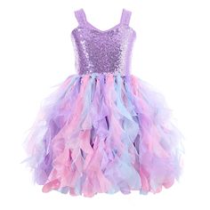 PRICES MAY VARY. Girls purple tutu dress's style: sleeveless sparkly stretchy purple sequins top with layered handmade purple,pink,baby blue swirls curly tulle, V-neck, the fluffy princess dress with lining. Princess girls birthday dress material: Girls tulle dress is absolutely adorable! The bottom is layers and layers of tulle that always look puffy rather than flat, plus are excellent for running and have so much movement that they should fit any child. Wear shorts are recommended underneath Princess Barbie Birthday Party, Four Ever Magical Birthday Party, Unicorn Birthday Party Dress, Princess Birthday Party Dress, Purple Tutu Dress, Barbie Invitations, Toddler Birthday Dress, Purple Birthday Party, Sneaker Ball