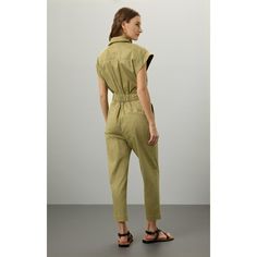 Olive green (97% Cotton, 3% Spandex). Jumpsuit. Collared neck. Short sleeve. Front zipper closure. 56" from shoulder to hemline. 25.5" inseam. 15" rise. 16" leg opening. Imported. Fitted Green Jumpsuit With Pockets, Casual Olive Jumpsuits And Rompers For Spring, Green Stretch Jumpsuits And Rompers For Workwear, Green Fitted Short Sleeve Jumpsuit, Casual Green Jumpsuits For Workwear, Casual Green Jumpsuits And Rompers For Work, Fitted Green Jumpsuits And Rompers For Work, Green Fitted Jumpsuits And Rompers For Work, Fitted Khaki Jumpsuits And Rompers For Spring