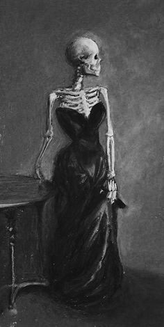 a drawing of a skeleton in a black dress sitting on a table next to a piano