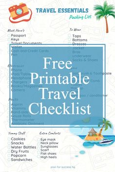 a travel checklist with the text free printable travel checklist