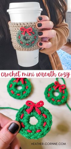 This holiday crochet pattern is great for beginners and also makes an easy applique, gift tag or garland in addition to an adorable coffee cozy! Mini Christmas Wreath, Crochet Christmas Wreath, Crochet Mug Cozy, Crochet Wreath, Crochet Cup Cozy, Mini Wreath, Cup Cozies