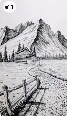 a pencil drawing of a mountain scene with a house in the foreground and a road running through it