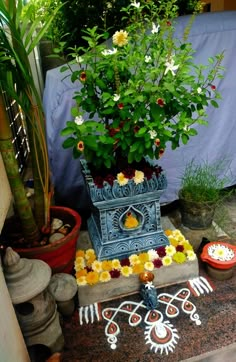 a potted plant sitting on top of a table next to other pots filled with flowers