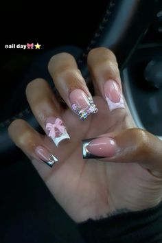 Birthday Day Nails, 16 Birthday Nails, Acrylic Nail Set, Hard Nails, French Acrylic Nails, French Tip Acrylic Nails, Dope Nail Designs