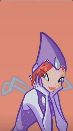 an animated image of a woman with purple hair and blue eyes wearing a purple hat