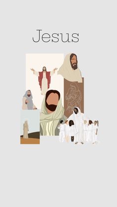 an image of jesus surrounded by other people and their animals, with the words jesus above them