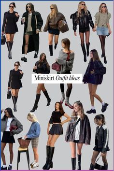 Here are some simple ways to style a mini skirt this fall! Effortless and chic. Fall Outfits Riding Boots, Mini Black Skirt Fall Outfit, Black Mini Skirt And Black Tights Outfit, Grey Corduroy Skirt Outfit, Fall Outfit Mini Skirt, Outfits With Skirt And Tights, Shorts With Tall Boots, Fall Mini Skirt Outfit Tights, Black Mini Skirt And Boots Outfit