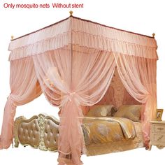 a pink canopy bed sitting next to a white dresser