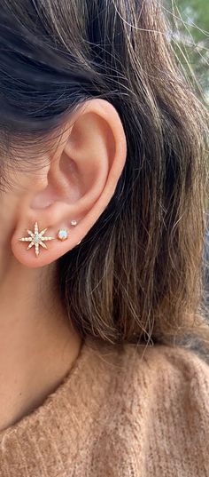 Pair these beautiful star opal studs with more earrings or wear alone. Perfect for day or night.  16k gold plated brass, cubic zirconia, lab created Opal. Blue Opal Earrings, Opal Stud Earrings, Celestial Earrings, Stackable Rings Silver, Jewelry Opal, Star Stud Earrings, Moon And Star Earrings, Yellow Opal, Opal Earrings Stud