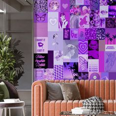 a living room filled with furniture and lots of purple wallpaper