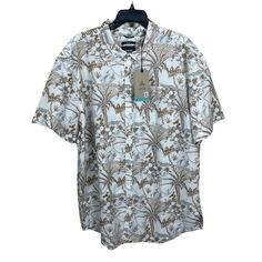 Prana Slim Stimmrsee Shirt Tropical Island Print Tan Cream Short Sleeve Size Xxl Button Up Approximate Measurements Taken While Laying Flat Armpit To Armpit 26.5” Length Top Collar To Hem 34” Materials Content Shown In Pictures New With Tags A4 Beige Printed Cotton Shirt, Beige Cotton Printed Shirt, White Printed Vacation Shirt, Printed White Shirt For Vacation, White Printed Shirt For Vacation, Beige Printed Shirt With Relaxed Fit, White Cotton Beach Shirt, White Floral Print Beach Shirt, Casual Cream Summer Shirt