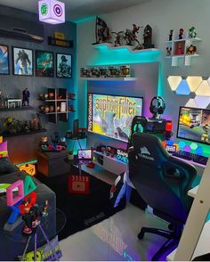 a room filled with lots of toys and gaming equipment on top of it's walls