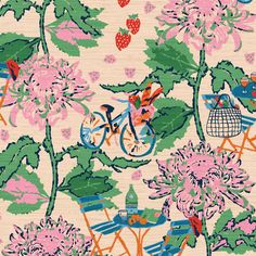 a pink and green floral wallpaper with bicycles, flowers, and fruit on it