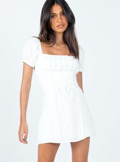 Fauci Mini Dress White Flirty Short Sleeve Dress With Smocked Back, Flowy Dress With Straight Neckline For Day Out, Flowy Dress With Straight Neckline, Flirty Fitted Dress With Tie Back, Square Neck Lined Mini Dress For Dress Down, Casual Fitted Dress With Straight Neckline, Flirty Square Neck Dress For Date Night, Flowy Sundress With Straight Neckline, Lined Fitted Off-shoulder Dress