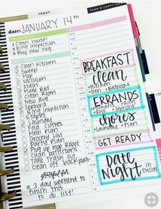 an open planner with the words breakfast, clean and friends more get ready on it