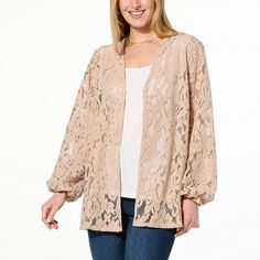 Colleen Lopez Bubble Sleeve Lace Jacket  You'll adore the way this sweet, elegant crochet topper gives any outfit an easygoing charm. Elegant Spring Open Knit Outerwear, Elegant Open Knit Outerwear For Spring, Fall Outerwear With Lace Trim For Layering, Chic Lace Top For Fall Layering, Long Sleeve Outerwear With Lace Sleeves For Fall, Feminine Beige Lace Top For Fall, Feminine Lace Top For Fall, Chic Lace Trimmed Outerwear For Fall, Fall Long Sleeve Lace Top For Day Out