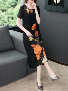 Loose Chiffon Printed Dress - rrdeye Camouflage Dress, Chiffon Fashion, Boho Style Dresses, Long Shirt Dress, Printed Dress, Cozy Fashion, Blouse Dress, Piece Dress, Black Orange