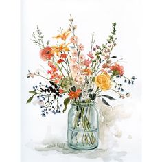 a watercolor painting of flowers in a mason jar