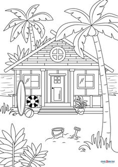 a house on the beach with palm trees and surfboards in front of it coloring page