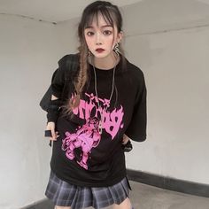 Attention: This price includes a T-shirt only, others are not included.   	 		 			Size 			S 			M 			L 		 		 			Bust 			68 			69 			71 		 		 			Full Length 			108 			112 			116 Pink Harajuku T-shirt With Graphic Design, Pink Punk Crew Neck T-shirt, Harajuku Style Crew Neck Top With Graffiti Print, Harajuku Style Black T-shirt For Concerts, Black Harajuku T-shirt For Concert, Grunge Pink T-shirt For Streetwear, Harajuku Crew Neck Top With Screen Print, Punk Style Graphic Crew Neck Top, Punk Style Crew Neck Top With Graphic Design