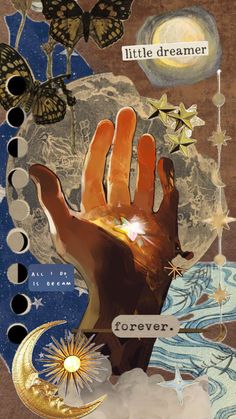 a collage of images with the moon, stars, and hand on top of it