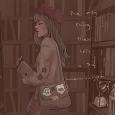 a drawing of a girl holding a book in front of a bookshelf filled with books