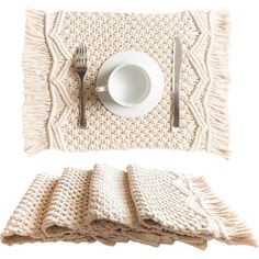 a place mat, napkins and fork on a white background