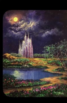 a painting of a castle in the night