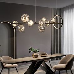 an elegant dining room with modern lighting fixtures